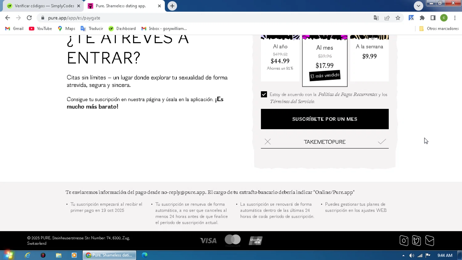 Pure App checkout page showing Pure App promo code box | Screenshot taken by SimplyCodes community member on Oct 19, 2025