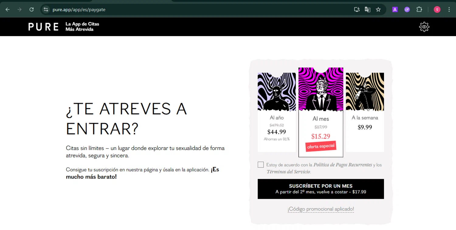 Pure App checkout page showing Pure App promo code box | Screenshot taken by SimplyCodes community member on Oct 14, 2025