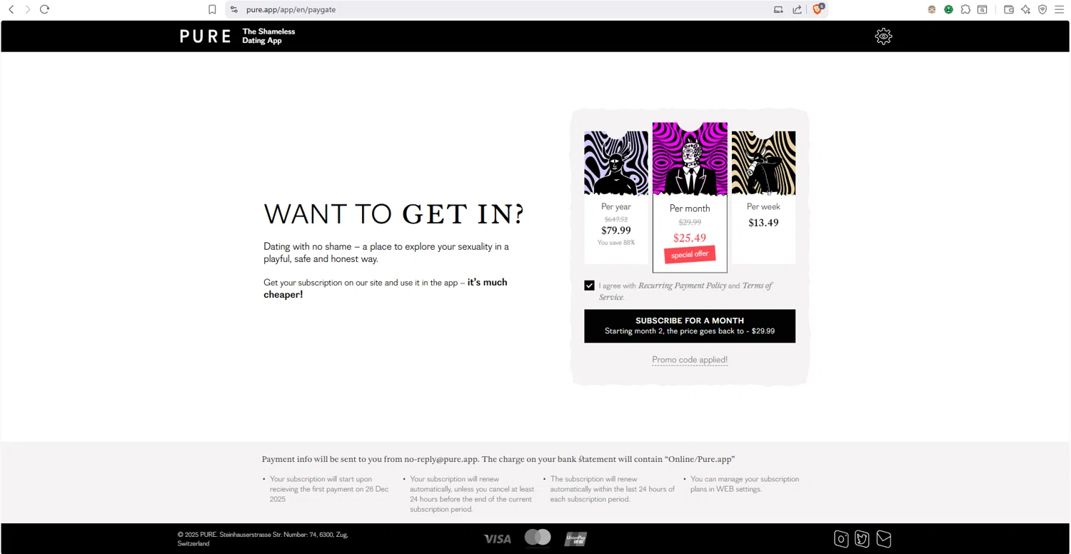 Pure App promo code screenshot showing code TAKEMETOPURE applied at Pure App checkout page. Uploaded by SimplyCodes community member dayselis15 on Dec 26, 2025