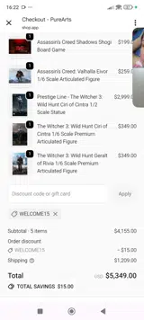 WELCOME15 coupon verification screenshot