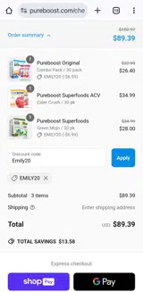 Emily20 coupon verification screenshot