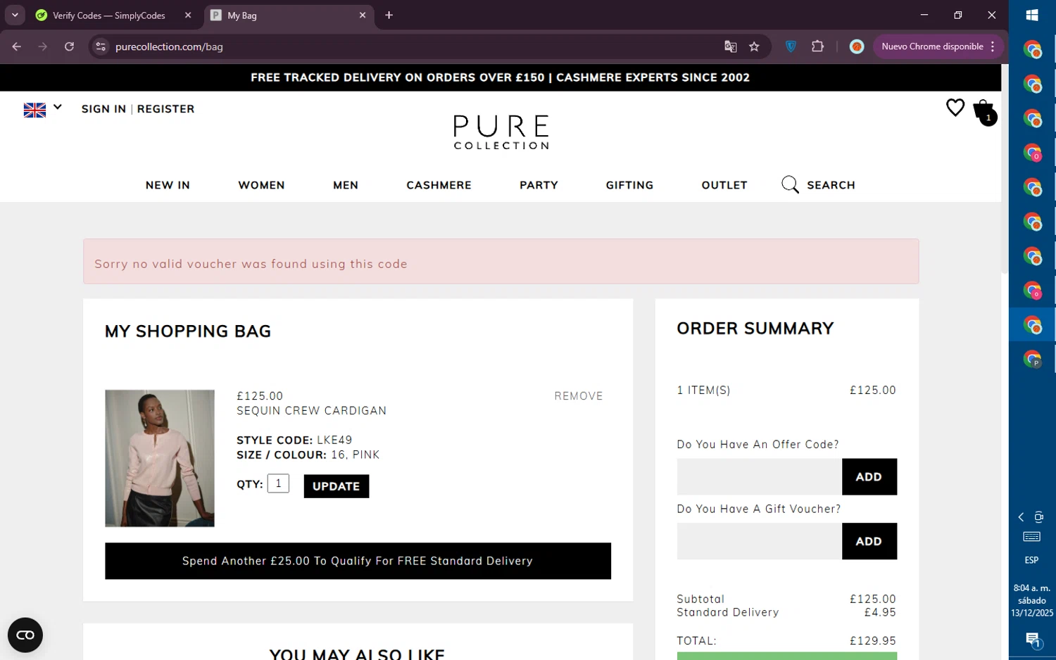 Pure Collection discount code screenshot showing code SAVE50 applied at Pure Collection checkout page. Uploaded by SimplyCodes community member PromoVoyager8446 on Dec 13, 2025
