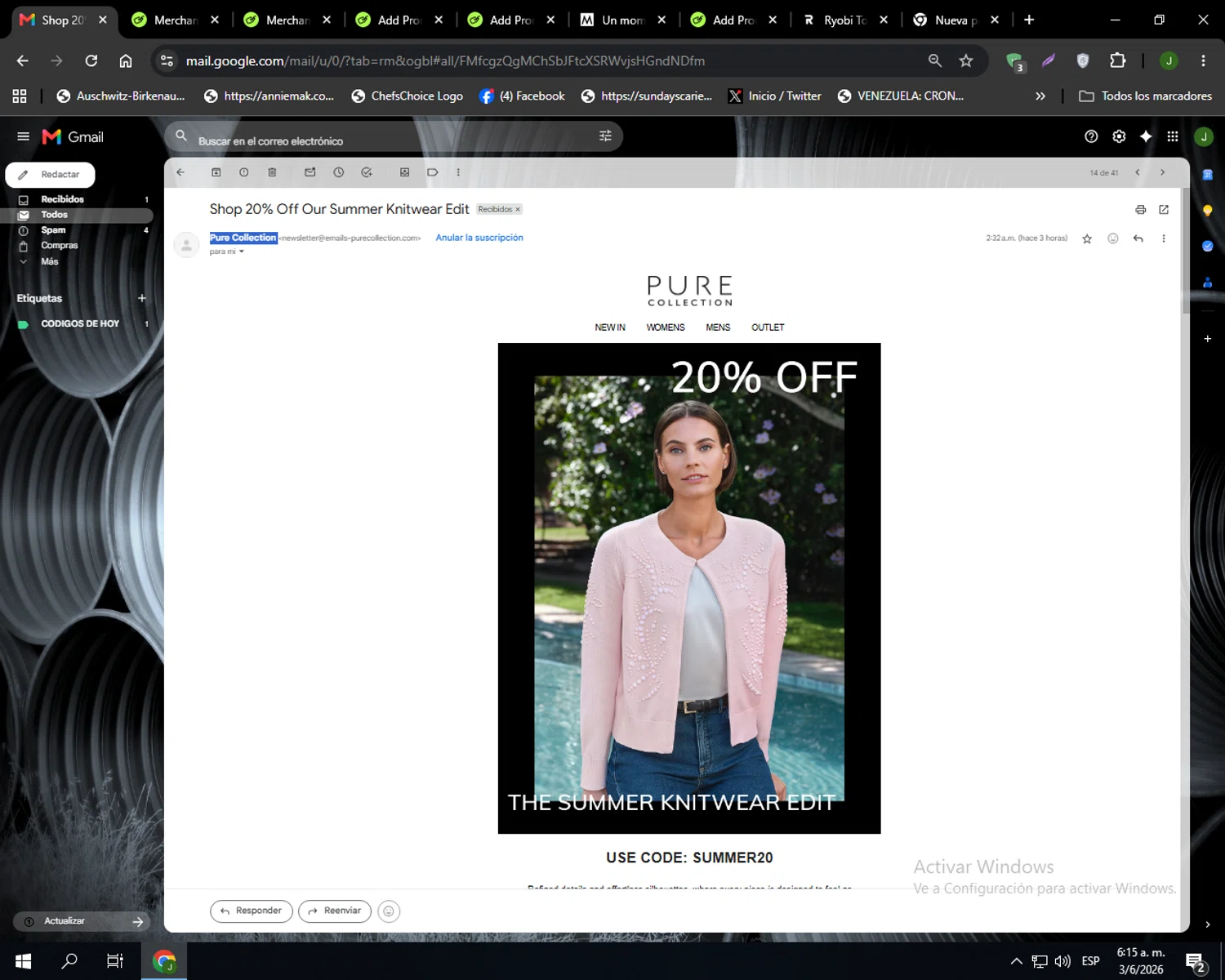 Pure Collection promo code screenshot showing code SUMMER20 applied at Pure Collection checkout page. Uploaded by SimplyCodes community member Codehunter on Jun 3, 2026