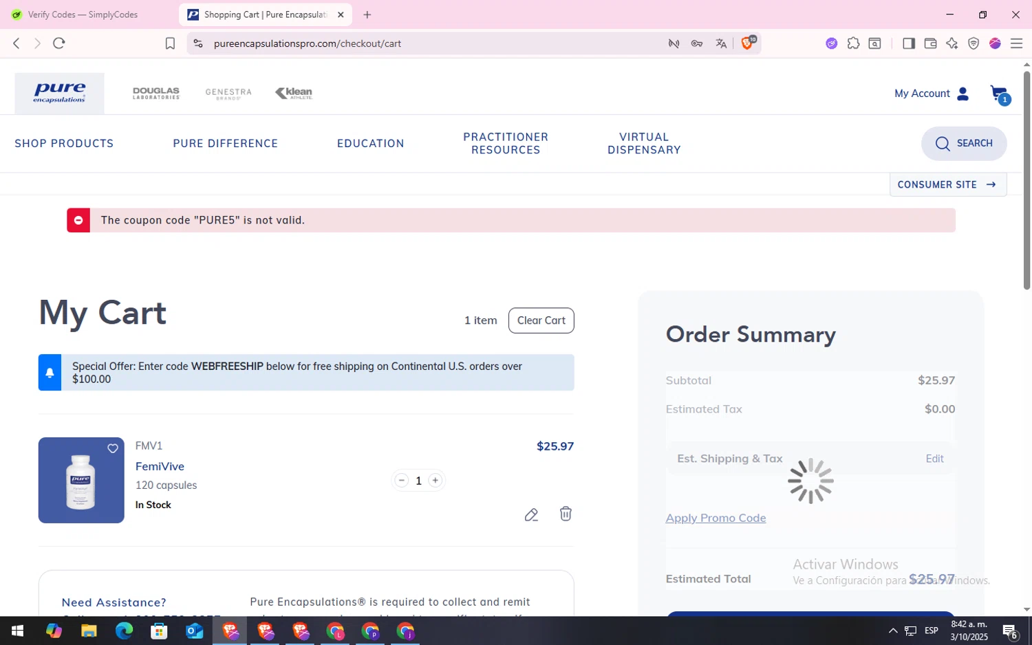 Pure Encapsulation promo code screenshot showing code PURE5 applied at Pure Encapsulation checkout page. Uploaded by SimplyCodes community member CodeLynx5272 on Oct 3, 2025