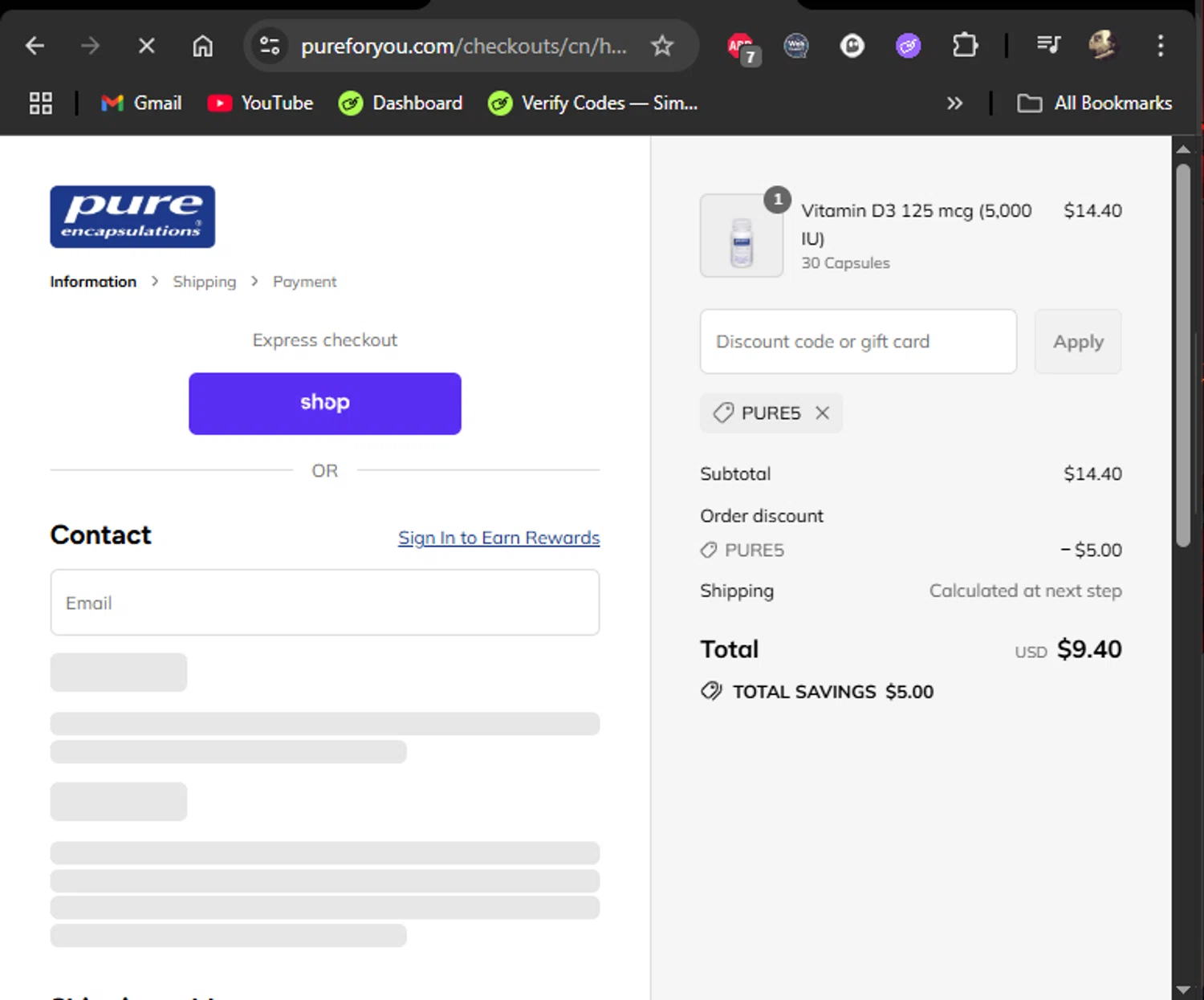 Pure Encapsulation promo code screenshot showing code PURE5 applied at Pure Encapsulation checkout page. Uploaded by SimplyCodes community member LiShang on Sep 4, 2025