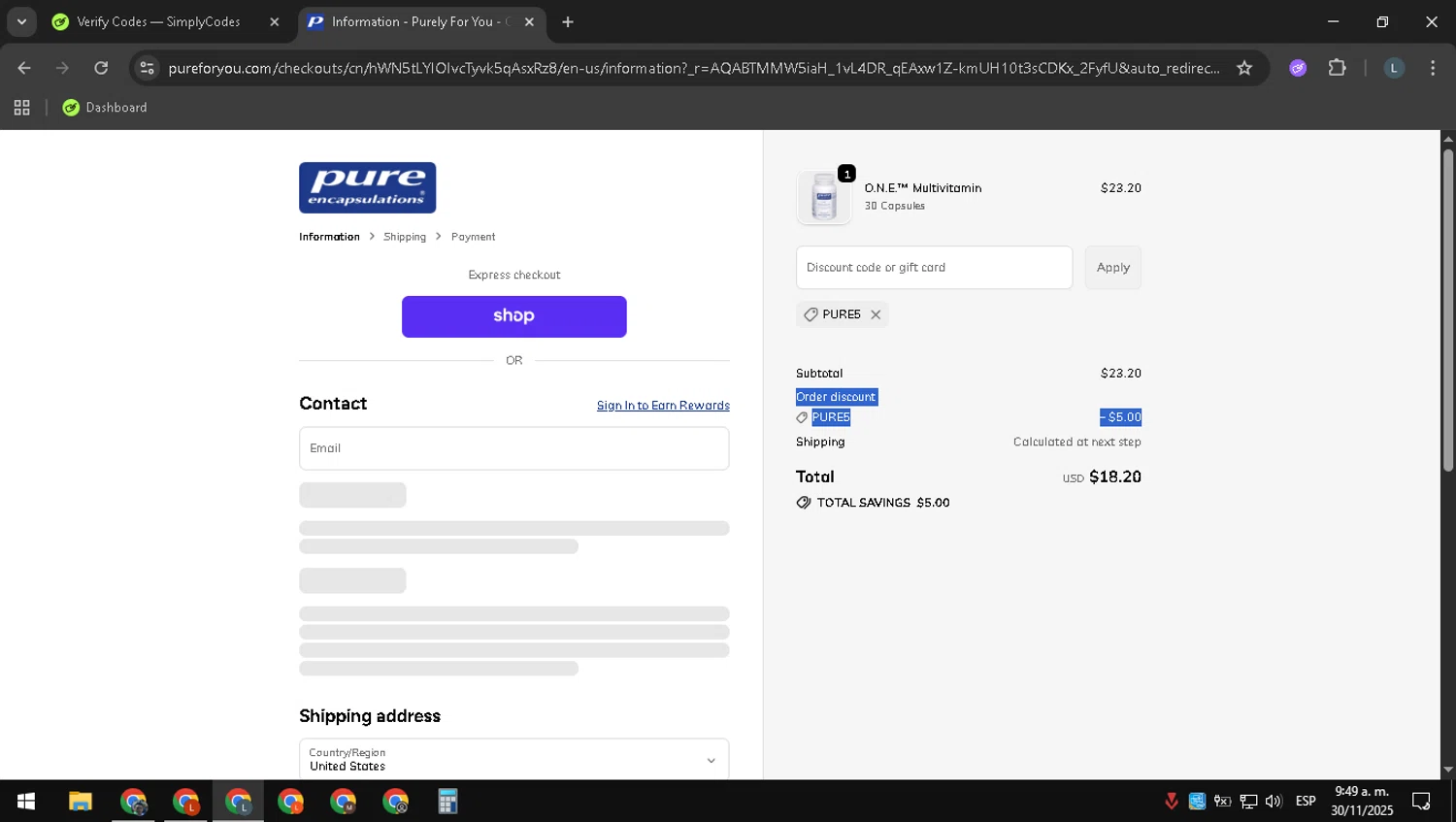 Pure Encapsulation promo code screenshot showing code PURE5 applied at Pure Encapsulation checkout page. Uploaded by SimplyCodes community member RewardExpert2936 on Nov 30, 2025