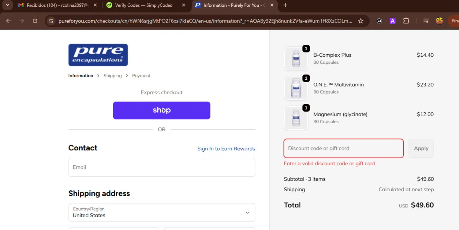 Pure Encapsulation promo code screenshot showing code SAVE30 applied at Pure Encapsulation checkout page. Uploaded by SimplyCodes community member WonderWarden594 on Dec 26, 2025