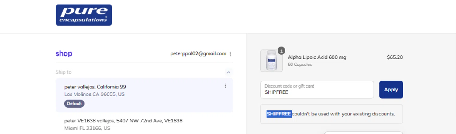 Pure Encapsulation promo code screenshot showing code SHIPFREE applied at Pure Encapsulation checkout page. Uploaded by SimplyCodes community member ricardoramirez1 on Sep 4, 2025