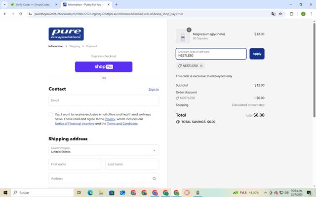 Pure Encapsulations checkout page showing Pure Encapsulations promo code box | Screenshot taken by SimplyCodes community member on Jul 25, 2025