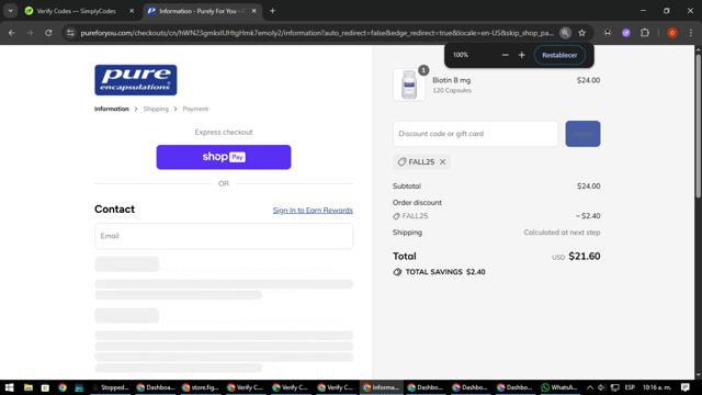 Pure Encapsulations checkout page showing Pure Encapsulations promo code box | Screenshot taken by SimplyCodes community member on Aug 21, 2025