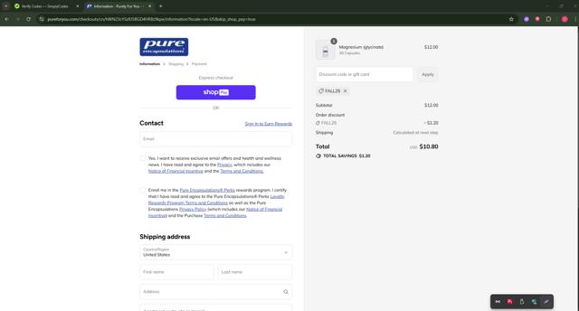 Pure Encapsulations checkout page showing Pure Encapsulations promo code box | Screenshot taken by SimplyCodes community member on Aug 21, 2025