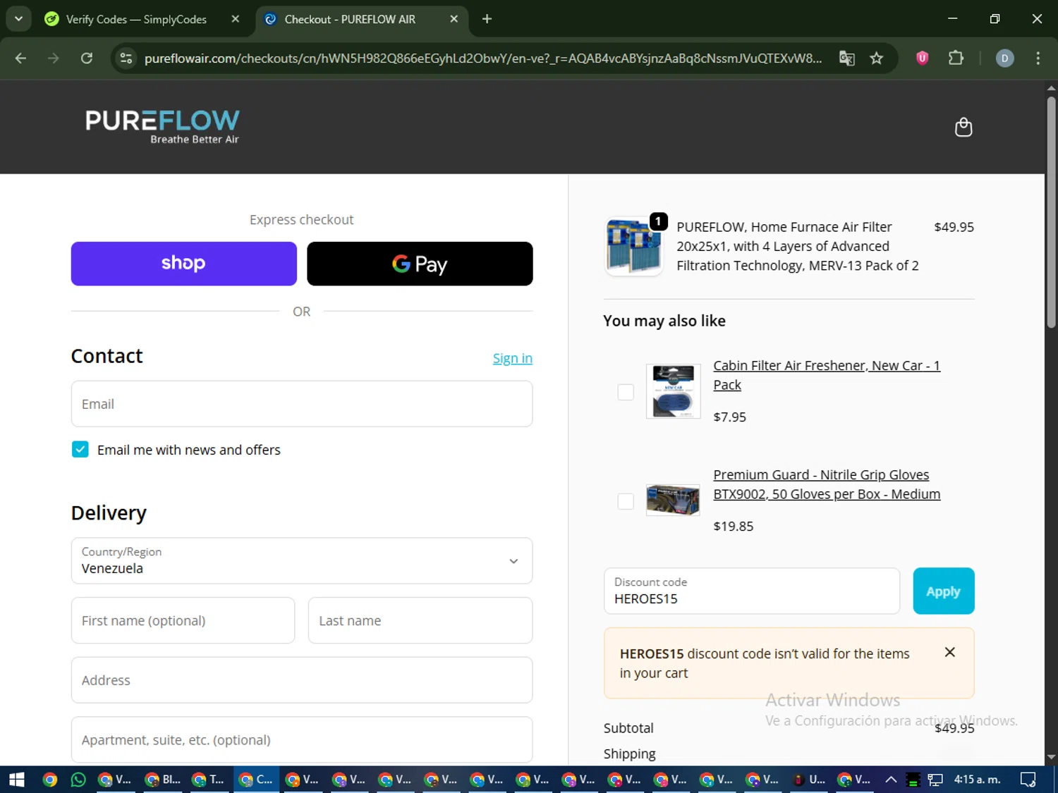 PUREFLOW AIR discount code screenshot showing code HEROES15 applied at PUREFLOW AIR checkout page. Uploaded by SimplyCodes community member CleverCurator2558 on Nov 14, 2025