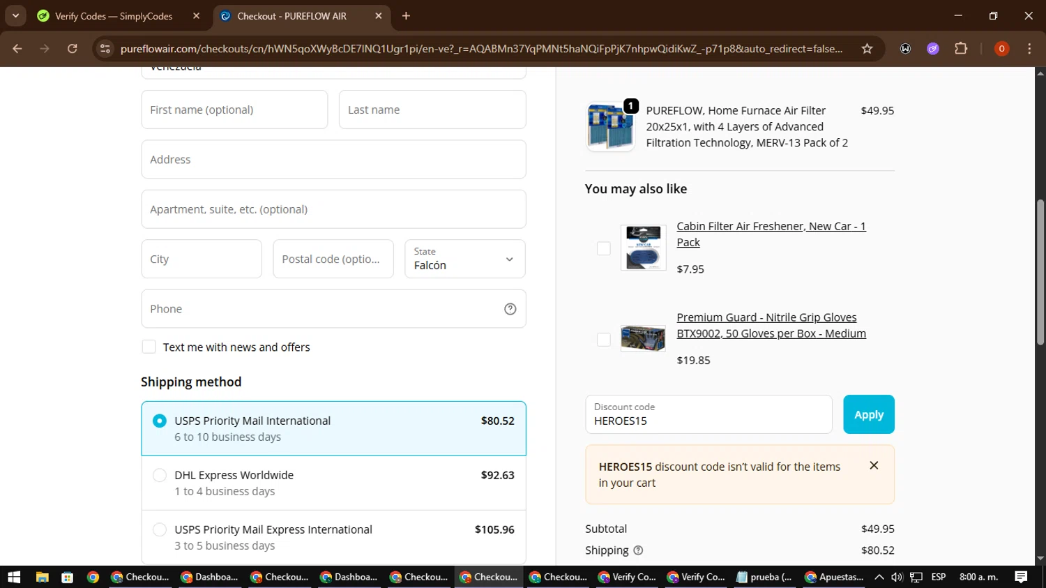 PUREFLOW AIR discount code screenshot showing code HEROES15 applied at PUREFLOW AIR checkout page. Uploaded by SimplyCodes community member CleverSpotter3730 on Nov 29, 2025