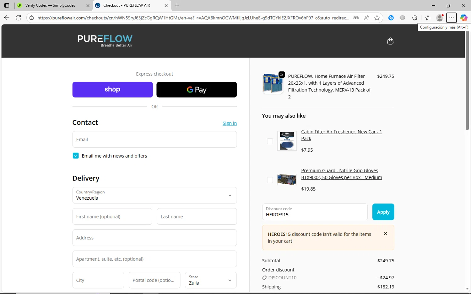 PUREFLOW AIR discount code screenshot showing code HEROES15 applied at PUREFLOW AIR checkout page. Uploaded by SimplyCodes community member jhoanDepp on Nov 19, 2025