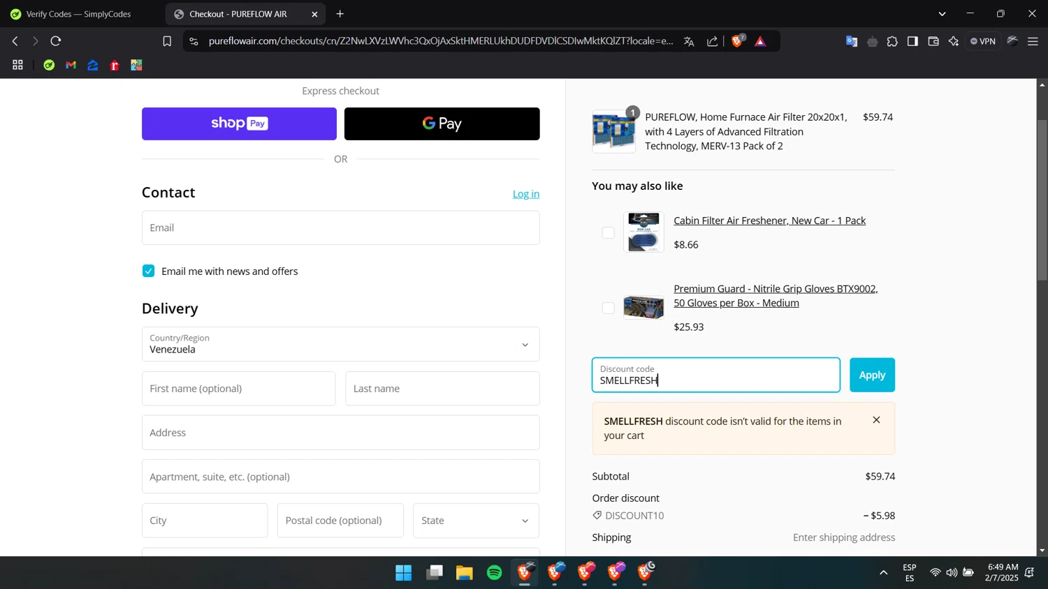 PUREFLOW AIR discount code screenshot showing code SMELLFRESH applied at PUREFLOW AIR checkout page. Uploaded by SimplyCodes community member Liiink on Feb 7, 2025