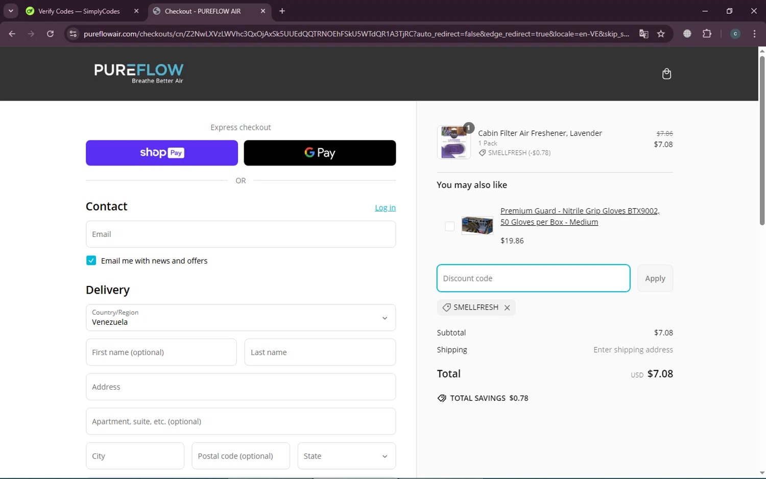PUREFLOW AIR discount code screenshot showing code SMELLFRESH applied at PUREFLOW AIR checkout page. Uploaded by SimplyCodes community member TokenTiger248 on Mar 8, 2025