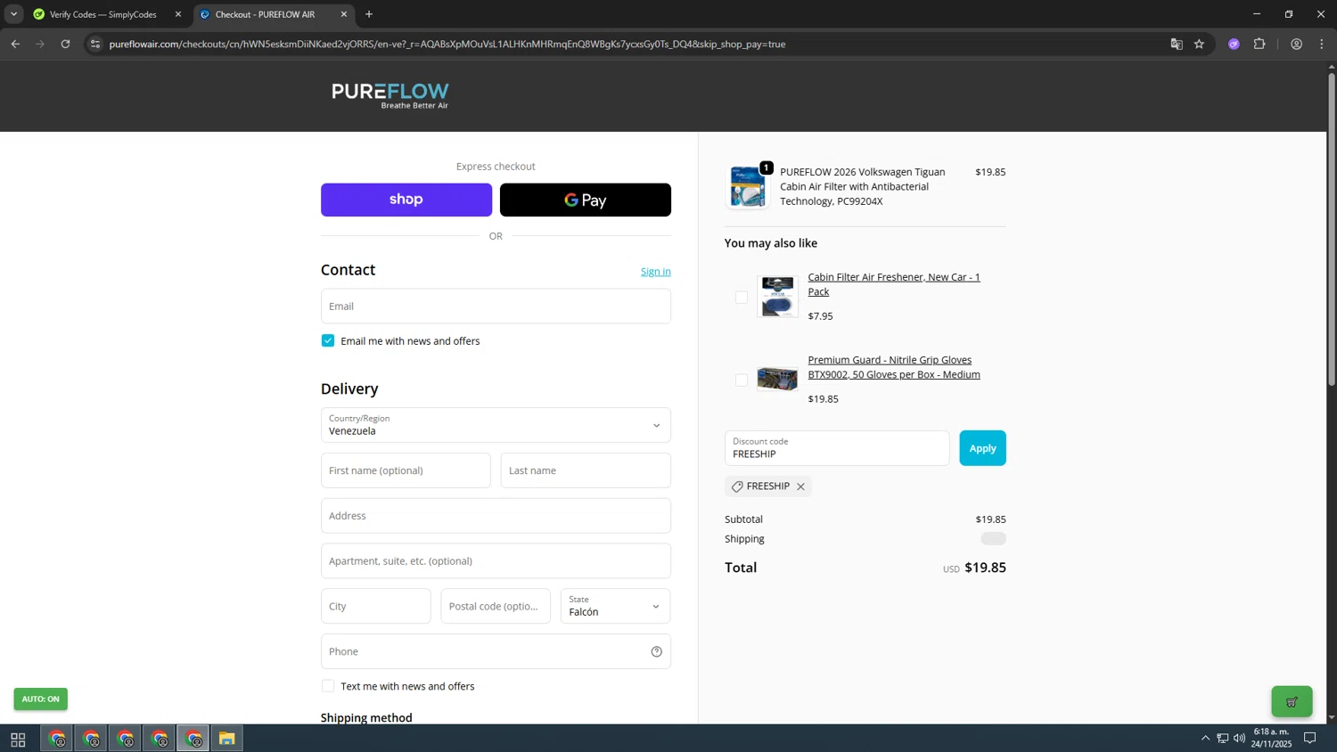 PUREFLOW AIR discount code screenshot showing code FREESHIP applied at PUREFLOW AIR checkout page. Uploaded by SimplyCodes community member CashSage1885 on Nov 24, 2025