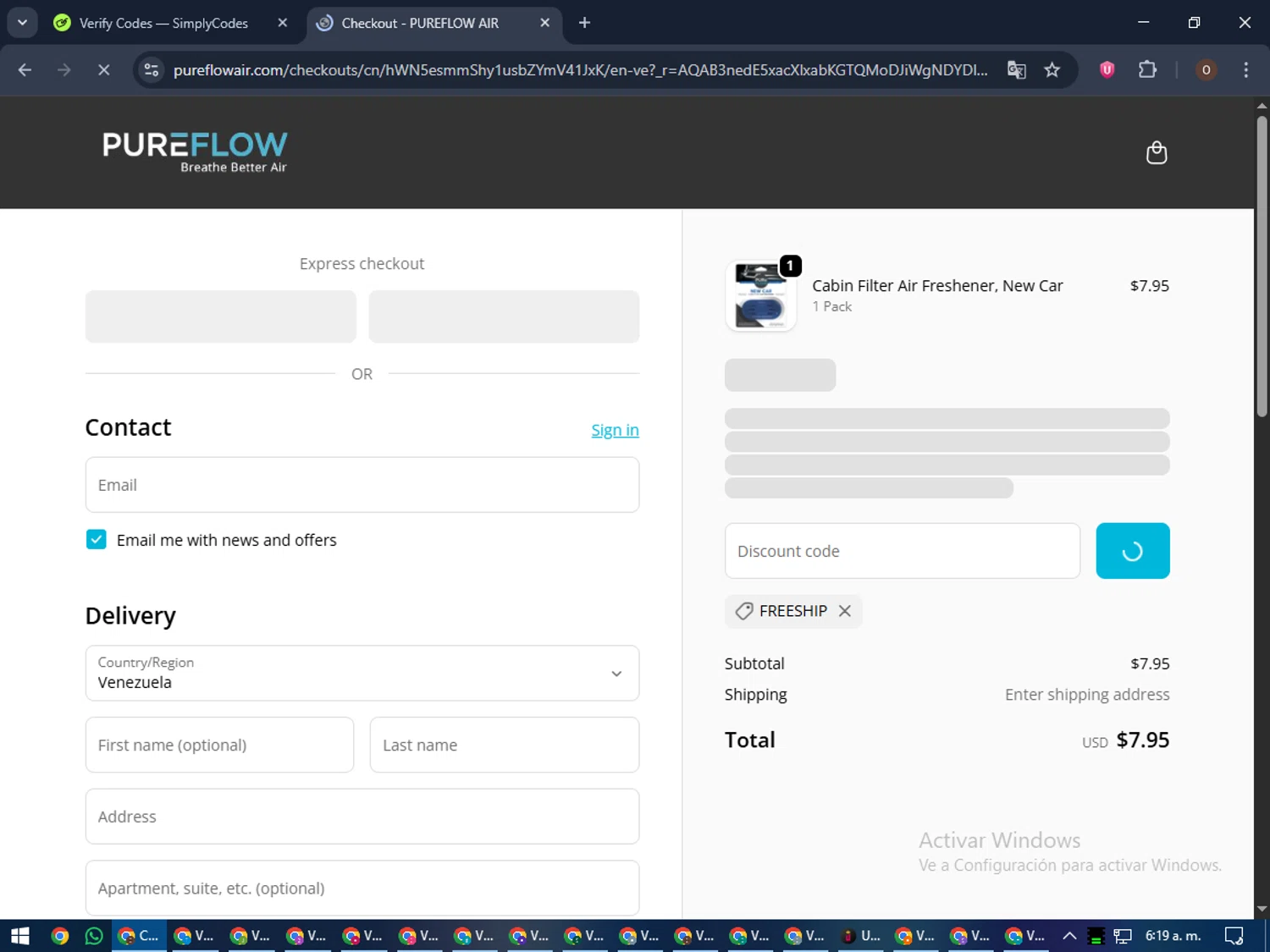 PUREFLOW AIR discount code screenshot showing code FREESHIP applied at PUREFLOW AIR checkout page. Uploaded by SimplyCodes community member Legendar on Nov 24, 2025