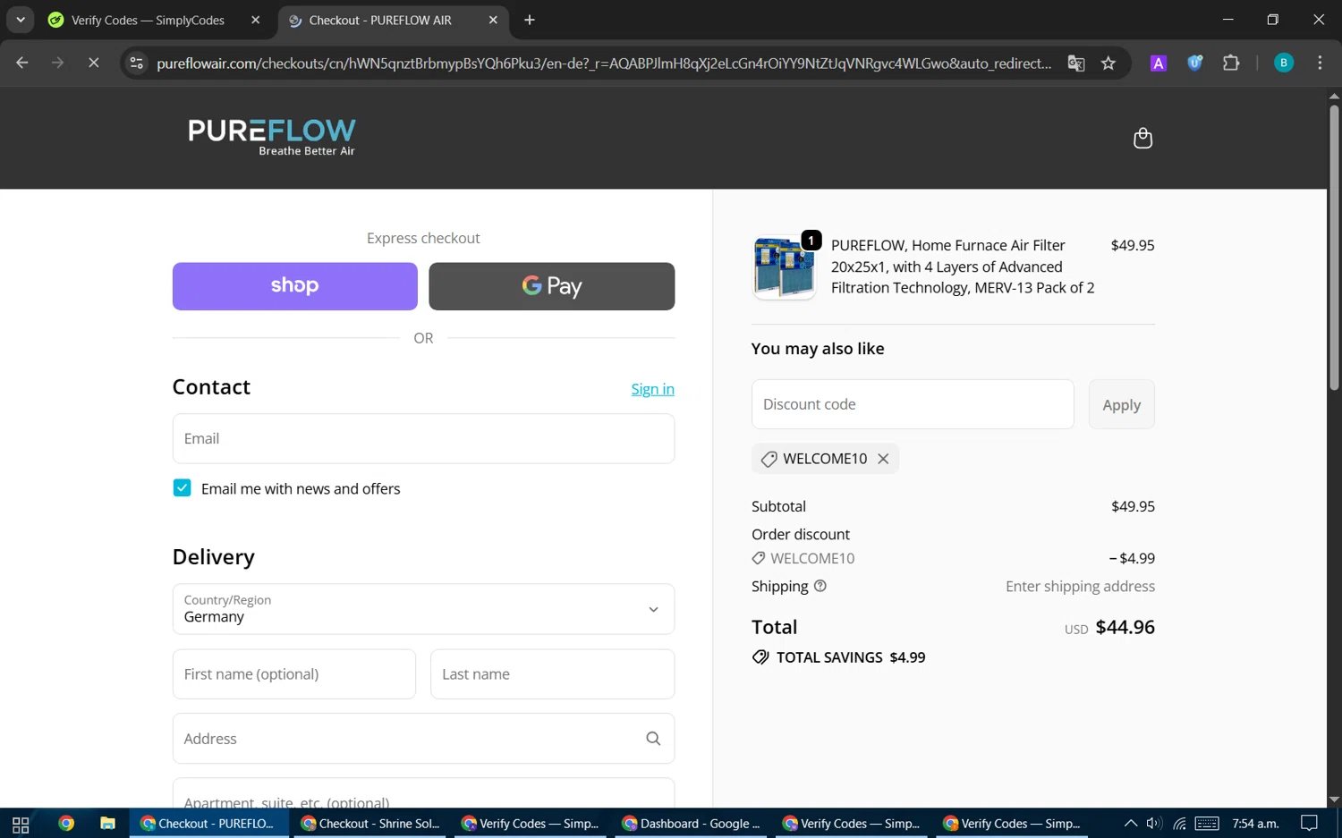 PUREFLOW AIR discount code screenshot showing code WELCOME10 applied at PUREFLOW AIR checkout page. Uploaded by SimplyCodes community member CleverPilot5845 on Nov 29, 2025