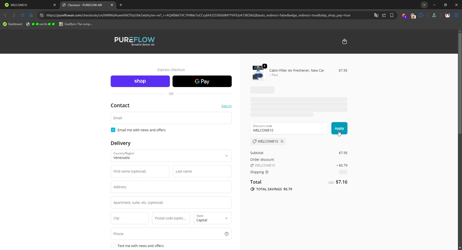 PUREFLOW AIR discount code screenshot showing code WELCOME10 applied at PUREFLOW AIR checkout page. Uploaded by SimplyCodes community member gribethr on Dec 20, 2025