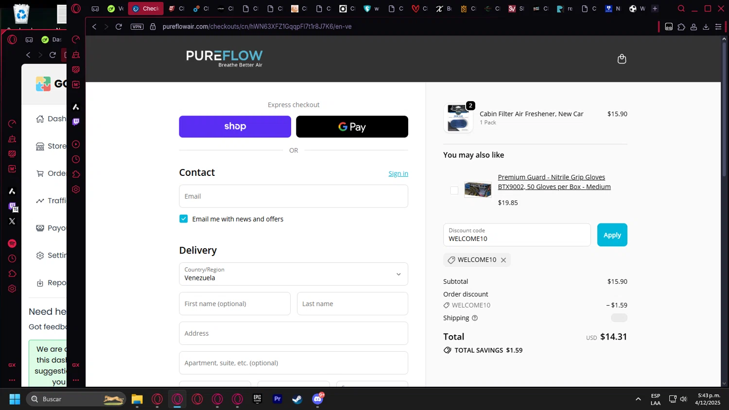 PUREFLOW AIR discount code screenshot showing code WELCOME10 applied at PUREFLOW AIR checkout page. Uploaded by SimplyCodes community member leonardocamacho2 on Dec 4, 2025