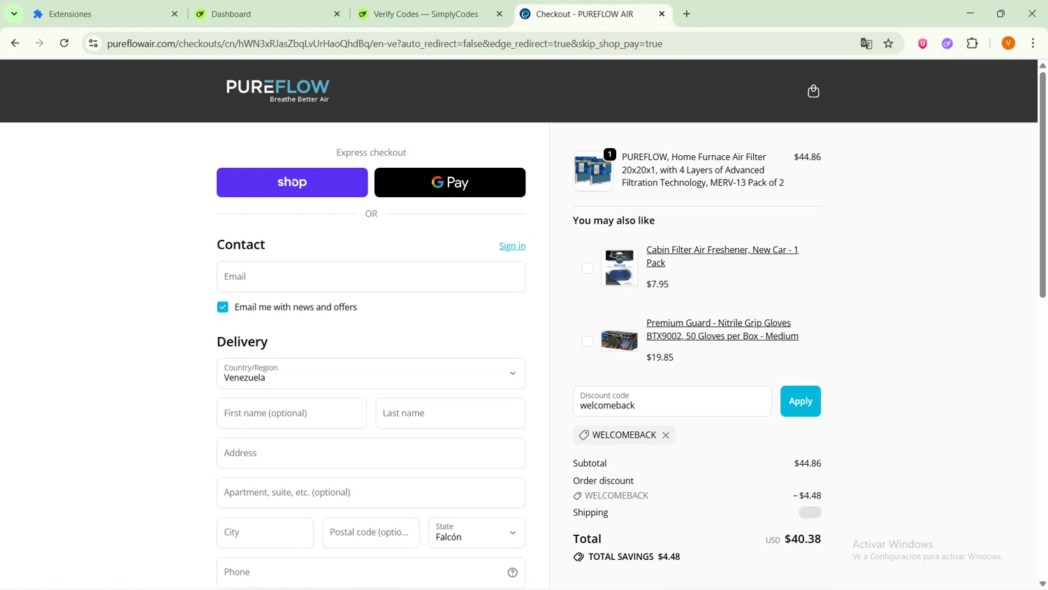PUREFLOW AIR discount code screenshot showing code welcomeback applied at PUREFLOW AIR checkout page. Uploaded by SimplyCodes community member RebateSaver5991 on Oct 10, 2025