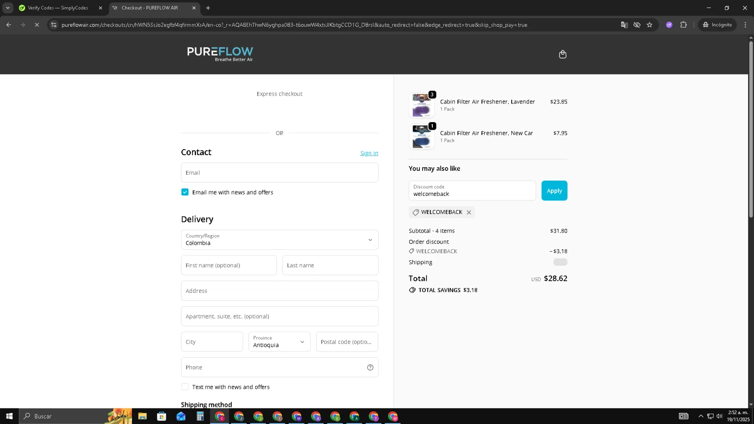 PUREFLOW AIR discount code screenshot showing code welcomeback applied at PUREFLOW AIR checkout page. Uploaded by SimplyCodes community member TOROREX250 on Nov 19, 2025