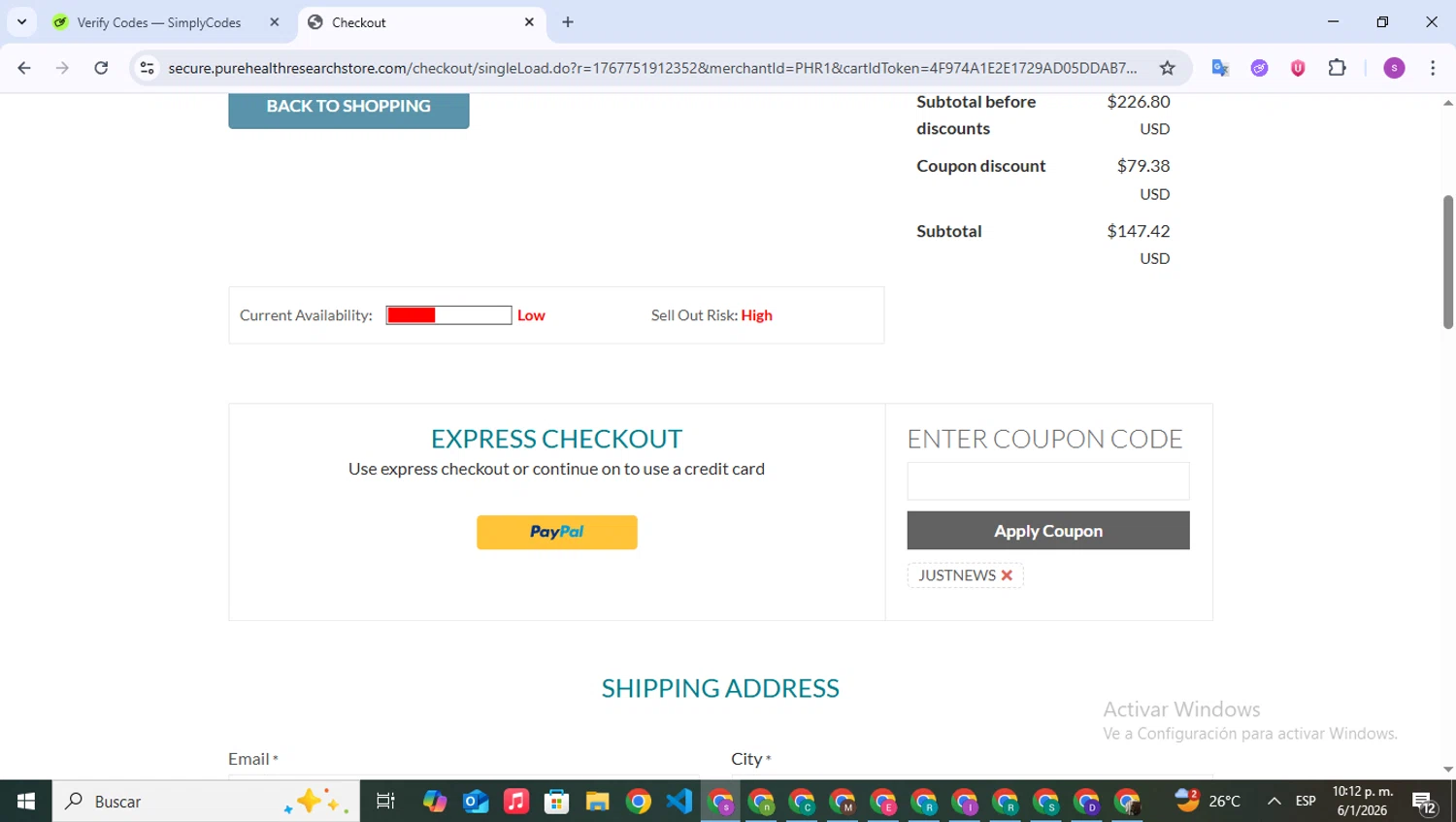 PureHealth Research promo code screenshot showing code JUSTNEWS applied at PureHealth Research checkout page. Uploaded by SimplyCodes community member WonderPioneer5062 on Jan 7, 2026