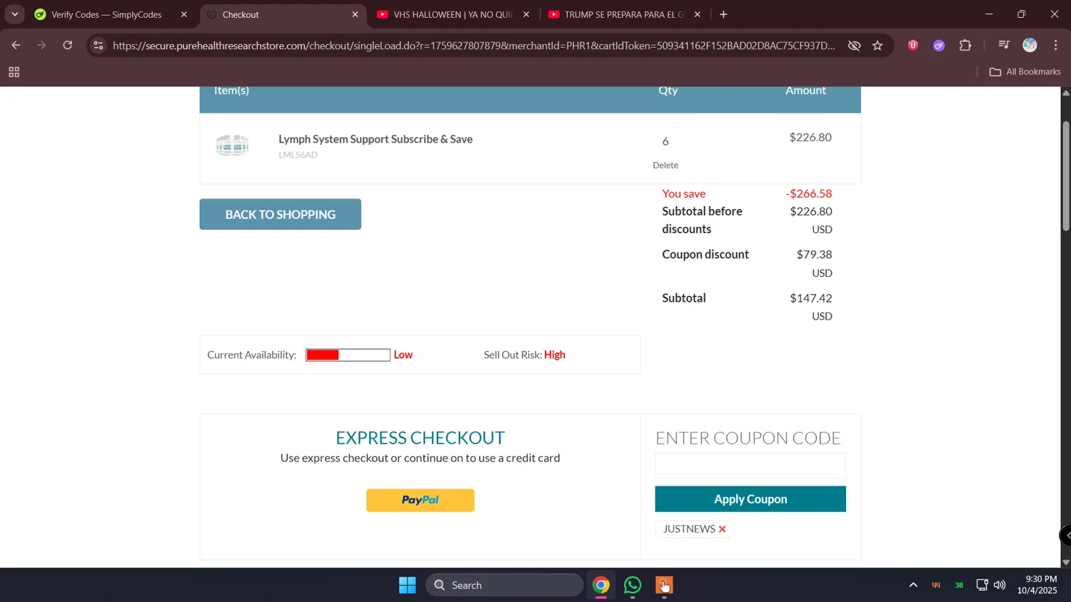 PureHealth Research promo code screenshot showing code JUSTNEWS applied at PureHealth Research checkout page. Uploaded by SimplyCodes community member lunita on Oct 5, 2025