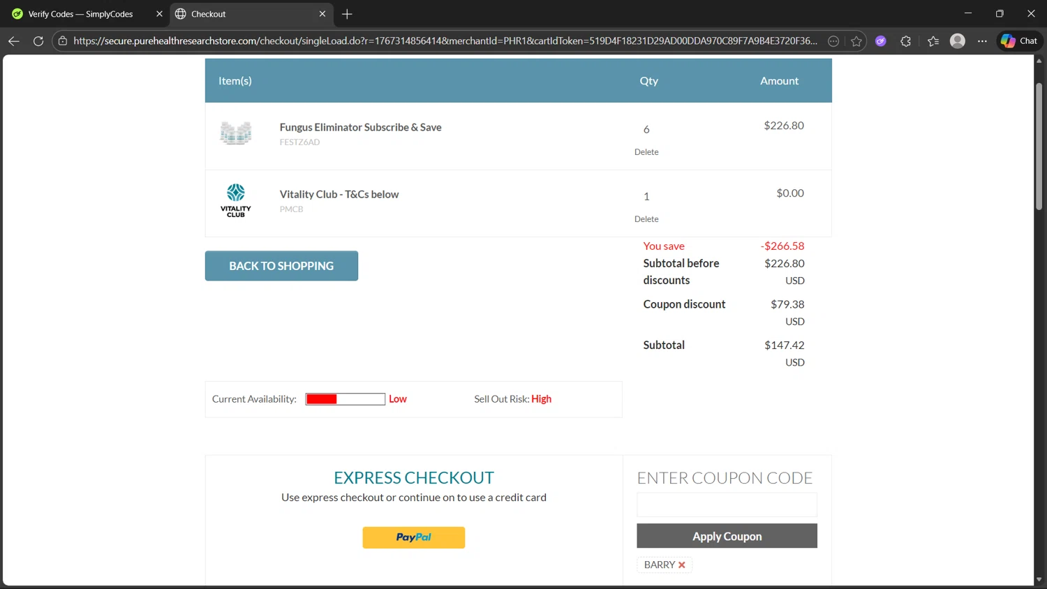 PureHealth Research checkout page showing PureHealth Research promo code box | Screenshot taken by SimplyCodes community member on Jan 2, 2026