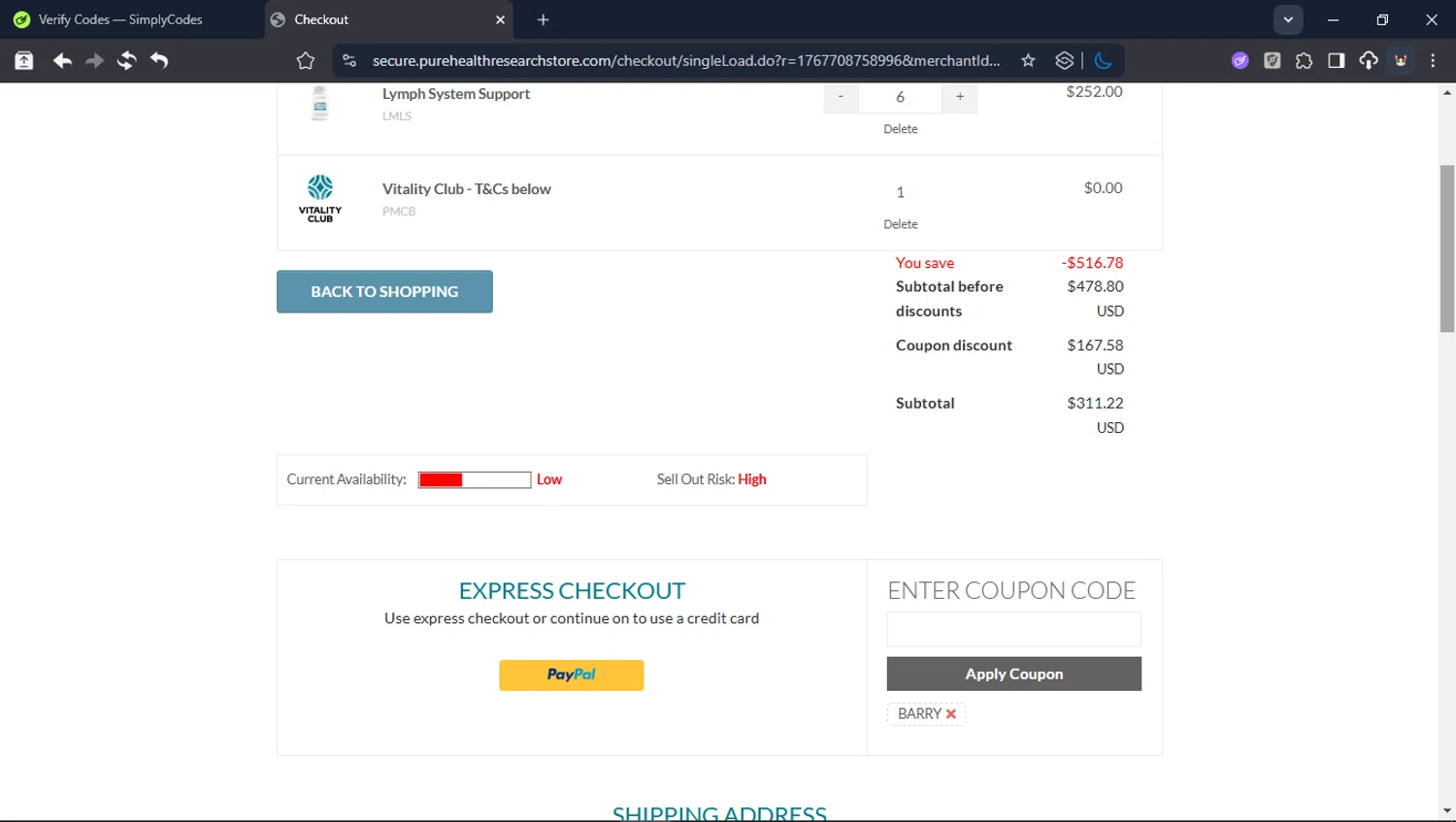 PureHealth Research promo code screenshot showing code BARRY applied at PureHealth Research checkout page. Uploaded by SimplyCodes community member Userr2 on Jan 6, 2026
