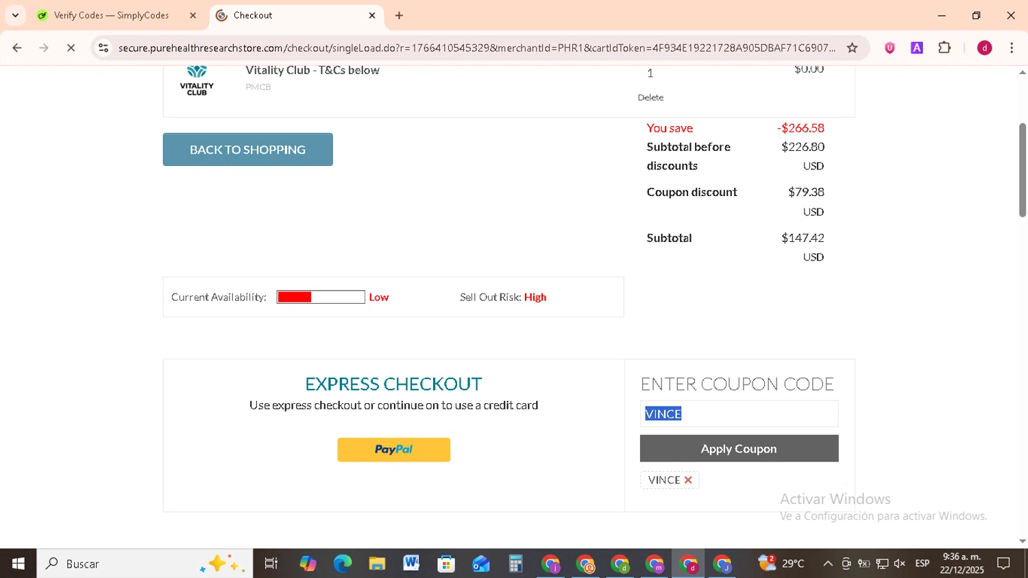 PureHealth Research promo code screenshot showing code VINCE applied at PureHealth Research checkout page. Uploaded by SimplyCodes community member FrugalMonarch7277 on Dec 22, 2025