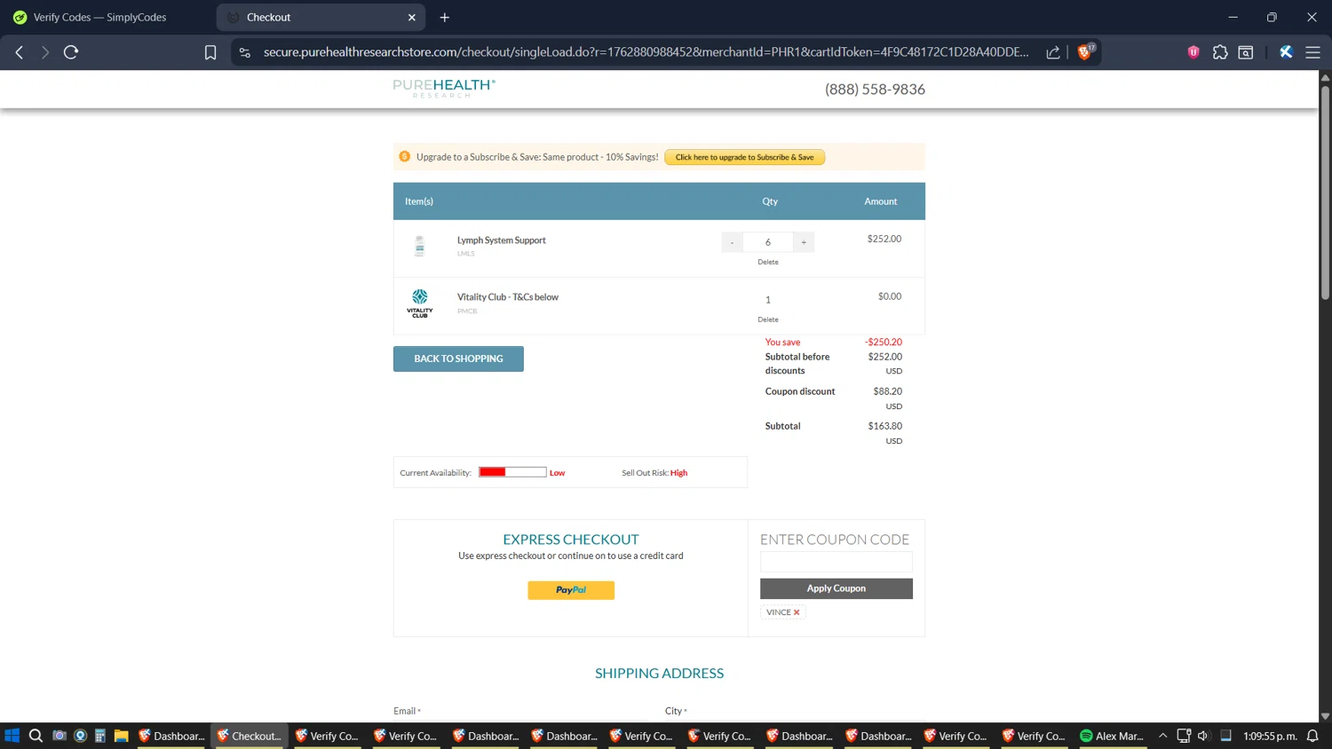 PureHealth Research promo code screenshot showing code VINCE applied at PureHealth Research checkout page. Uploaded by SimplyCodes community member verifier_983798000 on Nov 11, 2025
