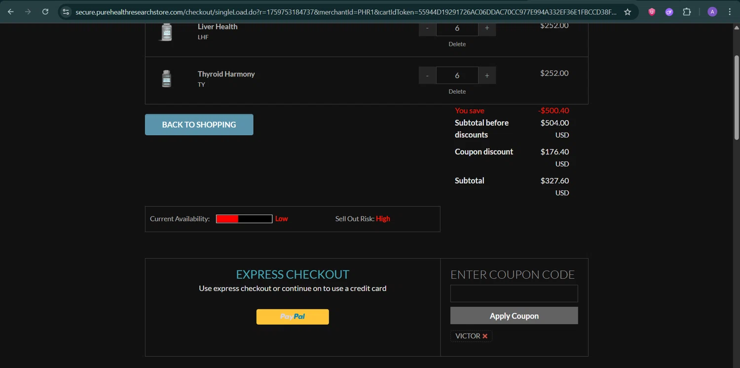PureHealth Research promo code screenshot showing code VICTOR applied at PureHealth Research checkout page. Uploaded by SimplyCodes community member AGDR28 on Oct 6, 2025