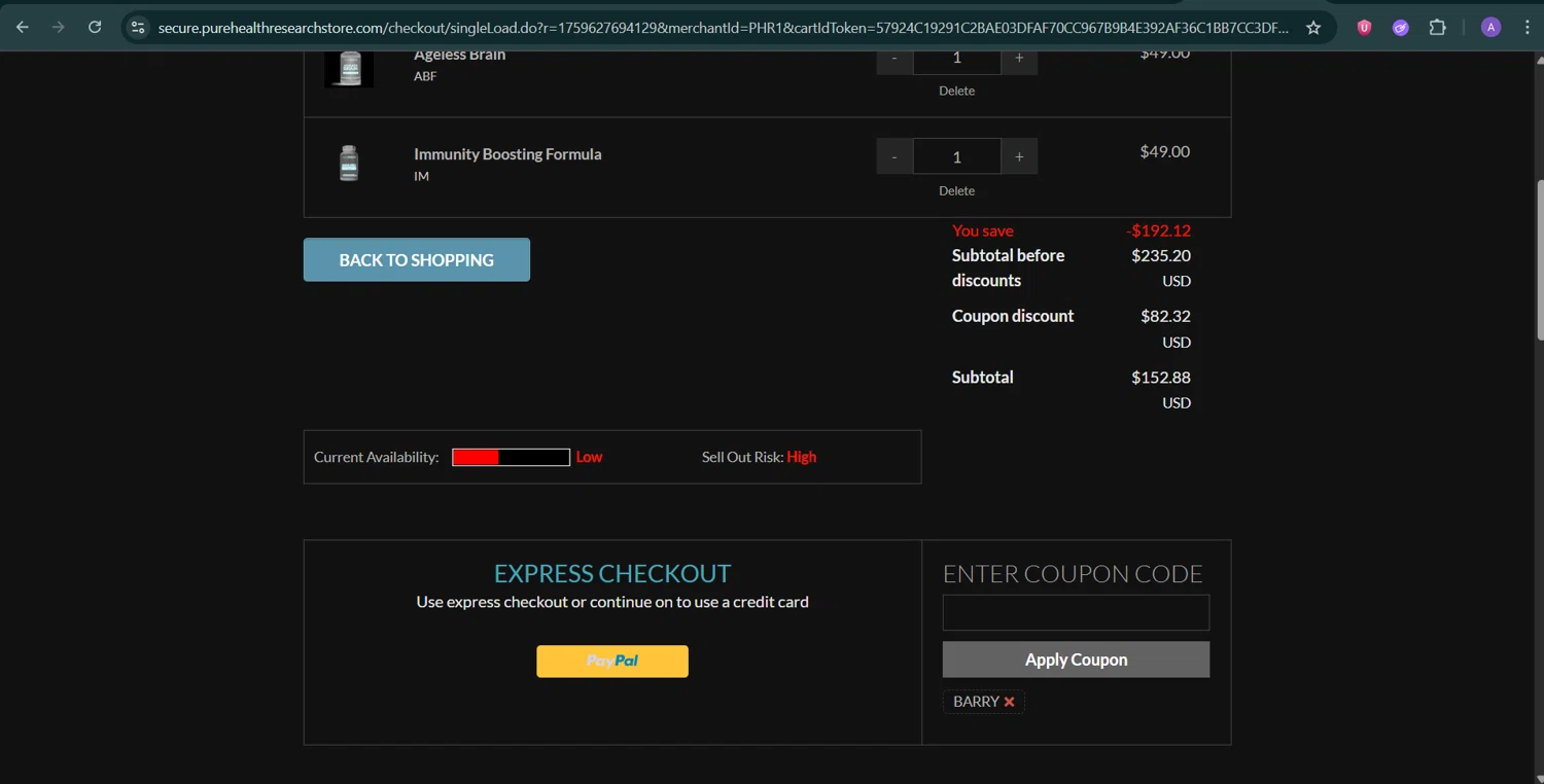 PureHealth Research promo code screenshot showing code BARRY applied at PureHealth Research checkout page. Uploaded by SimplyCodes community member ScanHunter7116 on Oct 5, 2025