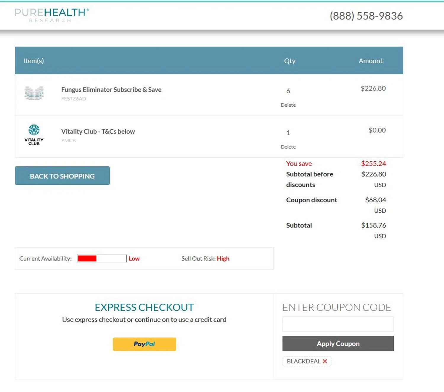 PureHealth Research promo code screenshot showing code BLACKDEAL applied at PureHealth Research checkout page. Uploaded by SimplyCodes community member stygian1 on Nov 21, 2025