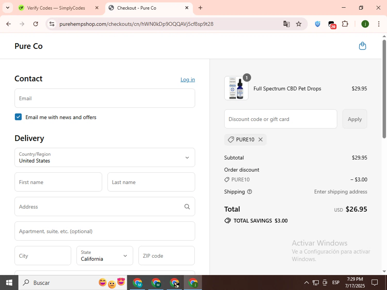 Pure Hemp discount code screenshot showing code PURE10 applied at Pure Hemp checkout page. Uploaded by SimplyCodes community member SavingsCollector2592 on Jul 17, 2025