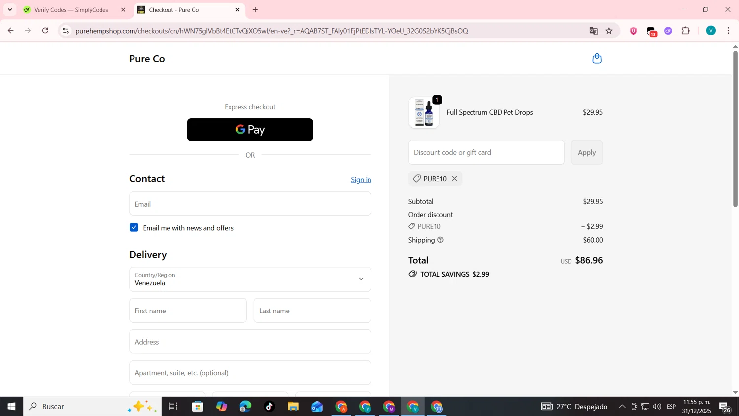 Pure Hemp discount code screenshot showing code PURE10 applied at Pure Hemp checkout page. Uploaded by SimplyCodes community member lyffytaro on Jan 1, 2026