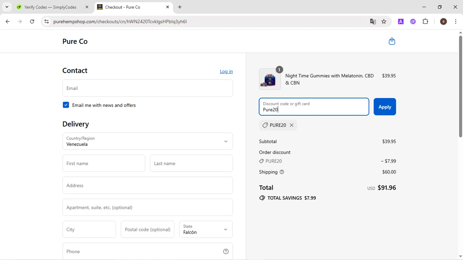 Pure Hemp discount code screenshot showing code Pure20 applied at Pure Hemp checkout page. Uploaded by SimplyCodes community member CodeMaverick246 on Aug 21, 2025