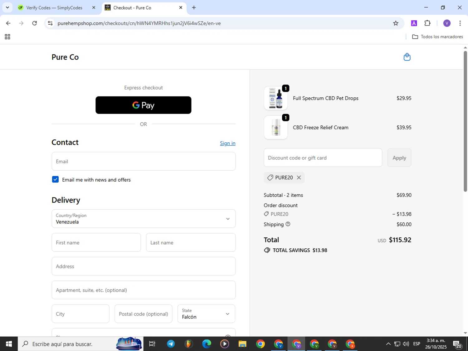 Pure Hemp discount code screenshot showing code Pure20 applied at Pure Hemp checkout page. Uploaded by SimplyCodes community member Satoru_gojo on Oct 26, 2025