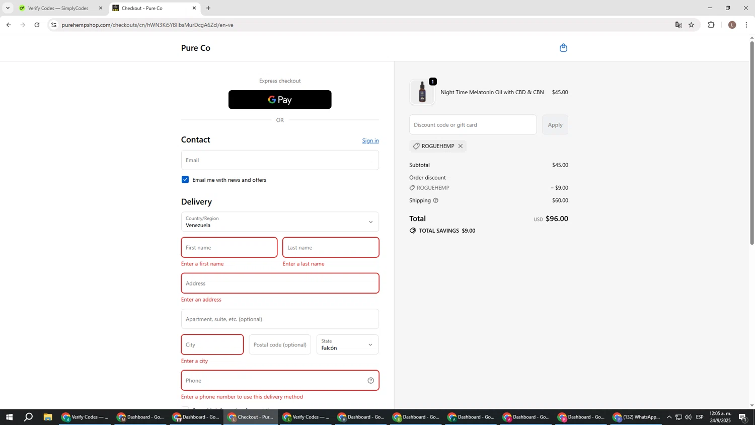 Pure Hemp discount code screenshot showing code ROGUEHEMP applied at Pure Hemp checkout page. Uploaded by SimplyCodes community member BENELLI on Sep 24, 2025
