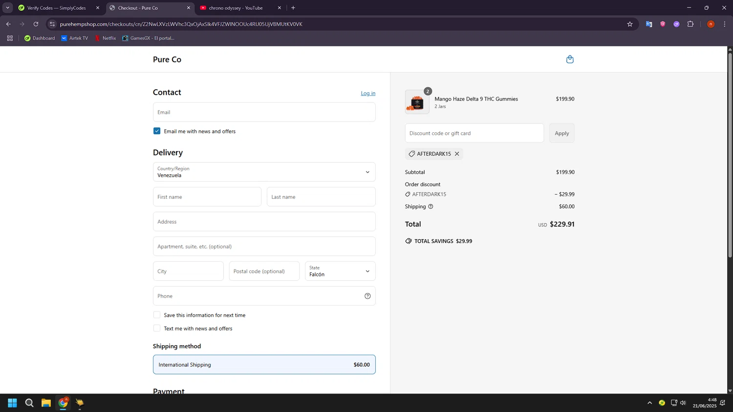 Pure Hemp discount code screenshot showing code AFTERDARK15 applied at Pure Hemp checkout page. Uploaded by SimplyCodes community member BudgetShopper182 on Jun 21, 2025