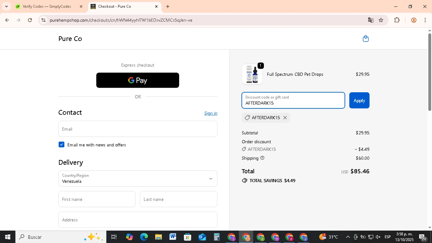 Pure Hemp discount code screenshot showing code AFTERDARK15 applied at Pure Hemp checkout page. Uploaded by SimplyCodes community member RebateCollector5909 on Oct 13, 2025