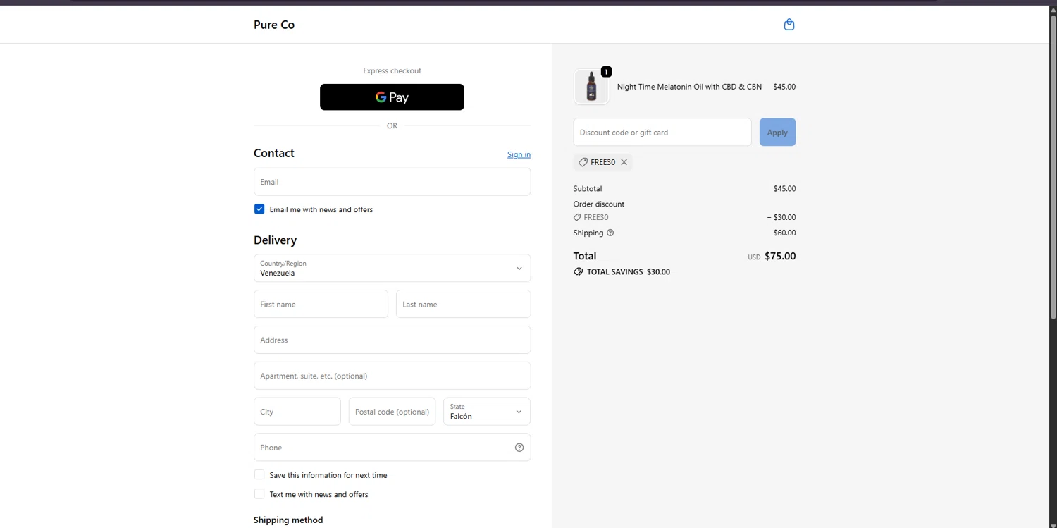 Pure Hemp discount code screenshot showing code FREE30 applied at Pure Hemp checkout page. Uploaded by SimplyCodes community member Carlosramirez09 on Oct 2, 2025