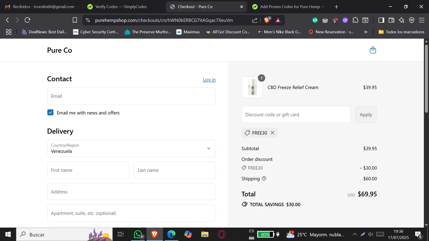 Pure Hemp discount code screenshot showing code FREE30 applied at Pure Hemp checkout page. Uploaded by SimplyCodes community member DORIANGEL on Jul 17, 2025