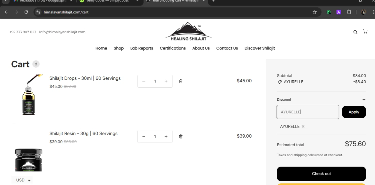Pure Himalayan Shilajit coupon code screenshot showing code AYURELLE applied at Pure Himalayan Shilajit checkout page. Uploaded by SimplyCodes community member WiseLegend5590 on Sep 15, 2025