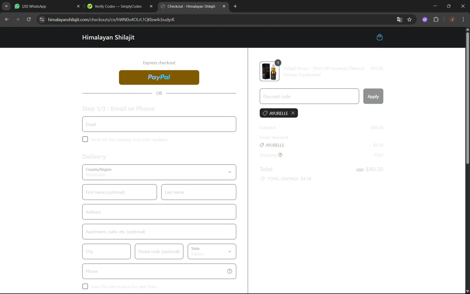 Pure Himalayan Shilajit coupon code screenshot showing code AYURELLE applied at Pure Himalayan Shilajit checkout page. Uploaded by SimplyCodes community member juanx1702 on Jul 19, 2025