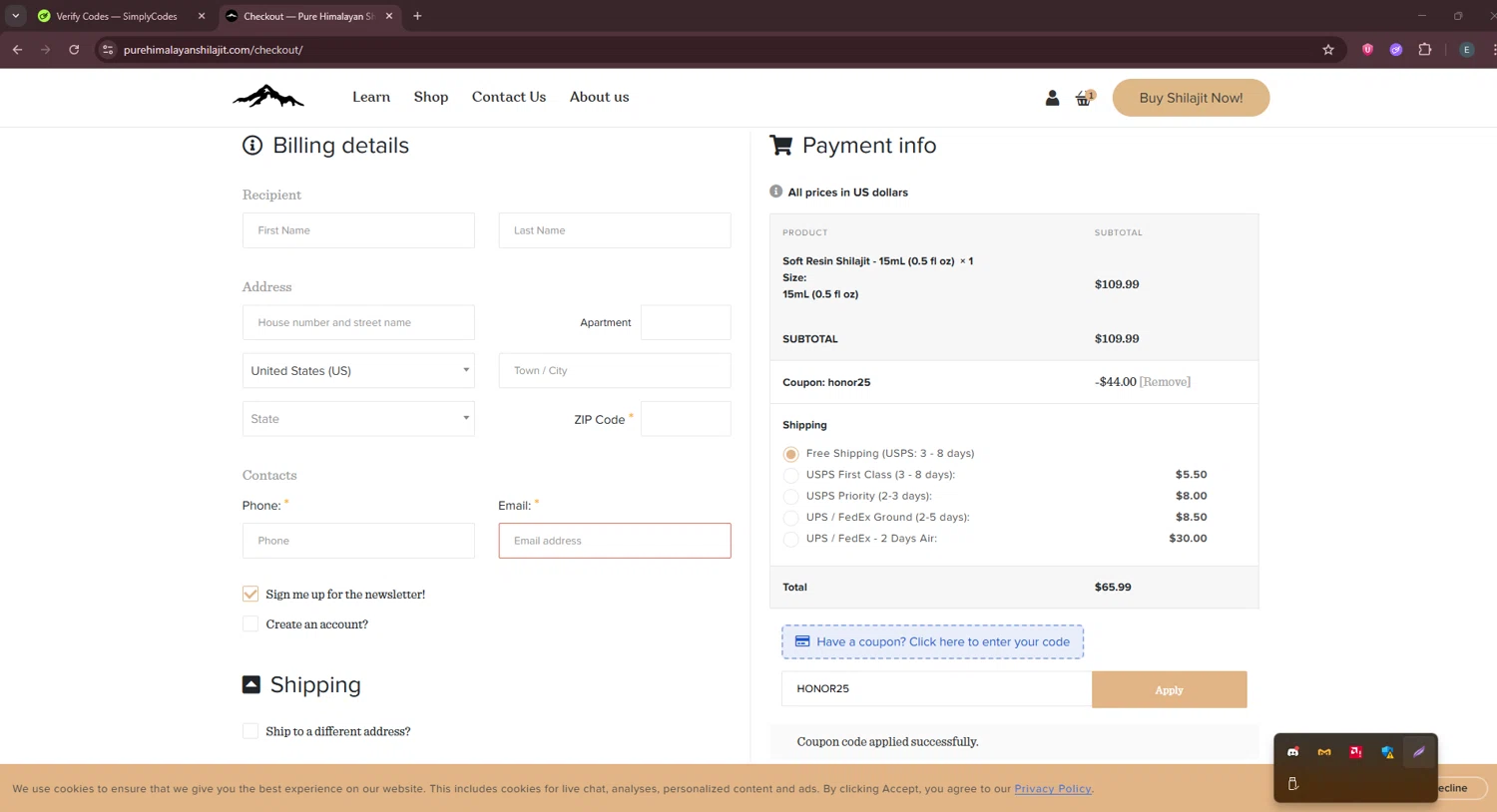 Pure Himalayan Shilajit coupon code screenshot showing code HONOR25 applied at Pure Himalayan Shilajit checkout page. Uploaded by SimplyCodes community member GloriousPioneer2942 on Jun 21, 2025