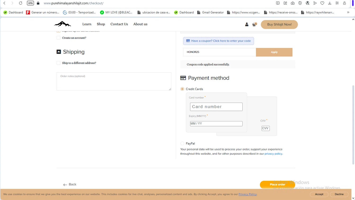 Pure Himalayan Shilajit coupon code screenshot showing code HONOR25 applied at Pure Himalayan Shilajit checkout page. Uploaded by SimplyCodes community member ScanSaver5253 on Dec 19, 2025