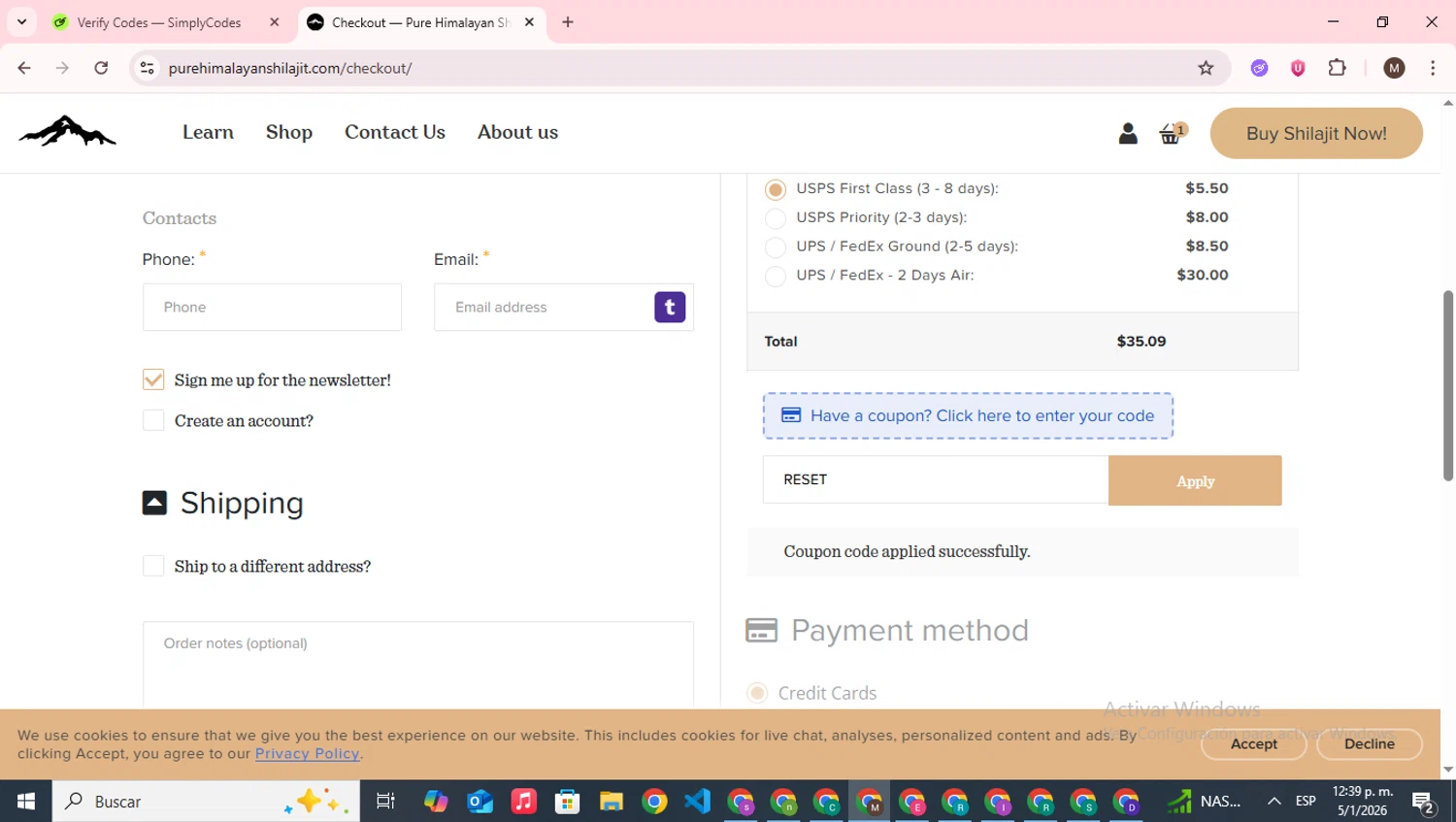 Pure Himalayan Shilajit checkout page showing Pure Himalayan Shilajit coupon code box | Screenshot taken by SimplyCodes community member on Jan 5, 2026